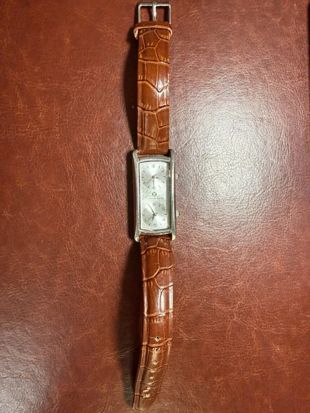 Edward East London Dual Time Watch Rectangular Tank Silver Dial Brown Leather